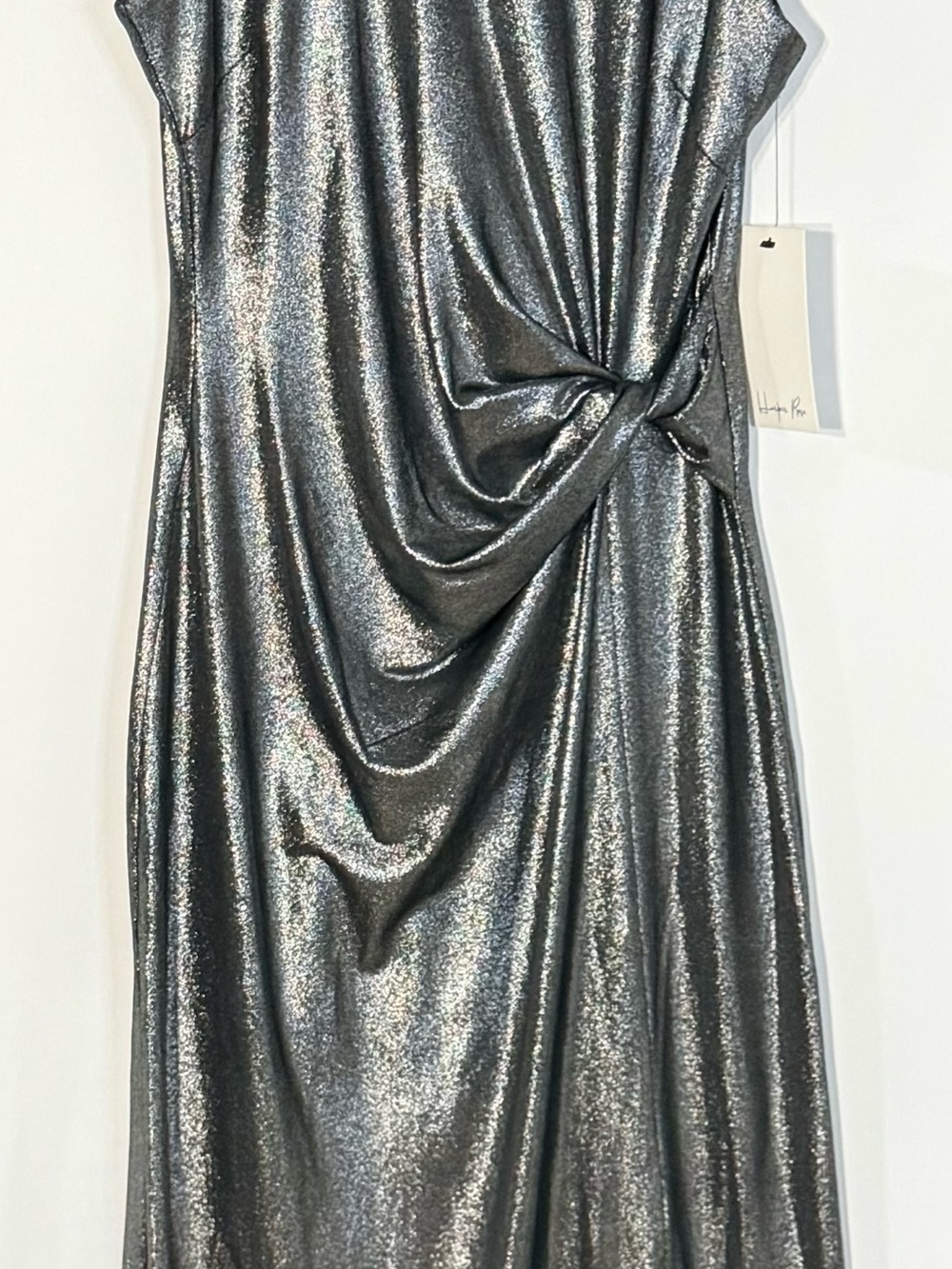 NWT Harper Rose Wedding Guest Metallic Maxi Dress Silver Mock Neck Knot Front - Picture 3 of 7